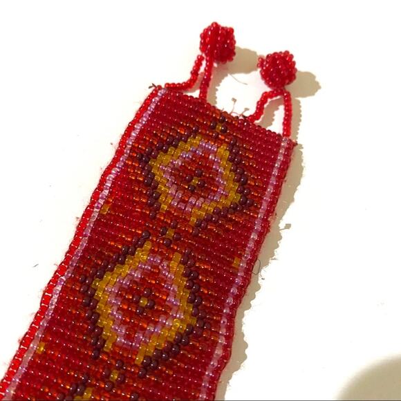 Beaded Geometric Southwestern Diamond Print Cuff Bracelet Red Yellow - Picture 3 of 8